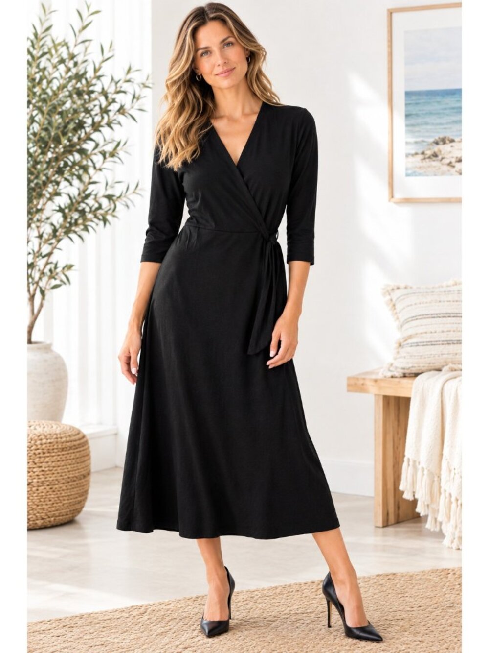 Wool& Ellie Black Merino Wrap Dress Women's Small Wool 3/4 Sleeve Elevated Chic